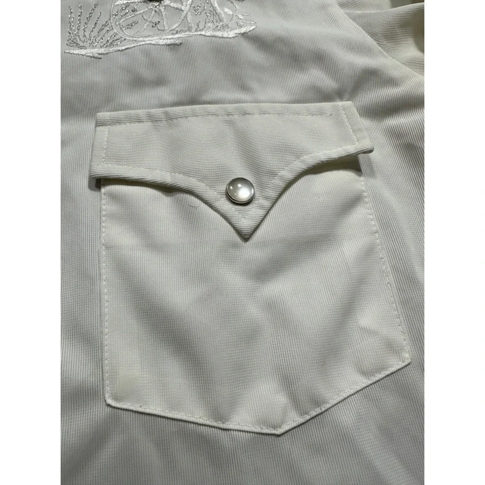 Vtg H BAR C Western Shirt Mens Wagon Wheel Pearl Snap Permanent Press‎ White